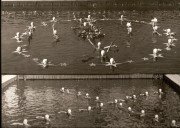 Due immagini delle coreografie acquatiche nella piscina smontabile realizzata per la rivista